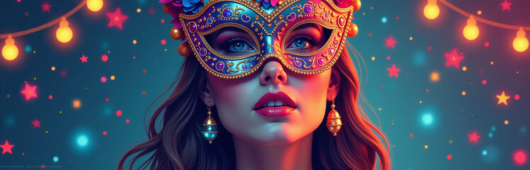 Poster - A Woman Wears A Carnival Mask On A Festive, Glowing Holiday Backdrop With Vibrant Colors And Lively Patterns Surrounding Her. 00002