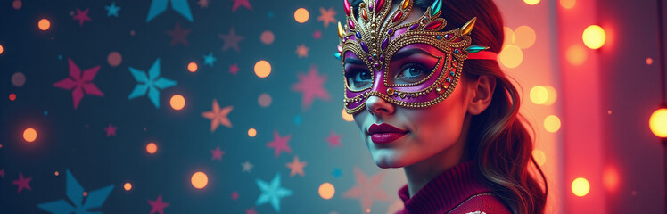 Poster - A Woman Wears A Carnival Mask On A Festive, Glowing Holiday Backdrop With Vibrant Colors And Lively Patterns Surrounding Her. 00001