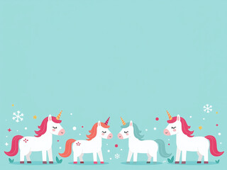 Aufkleber - A Whimsical Border Of Colorful Unicorns Is Placed Above A Calm Blue Background In This Festive Design. 00001