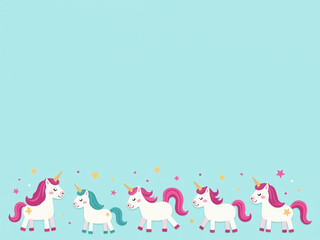 Aufkleber - A Whimsical Border Of Colorful Unicorns Is Placed Above A Calm Blue Background In This Festive Design. 00002