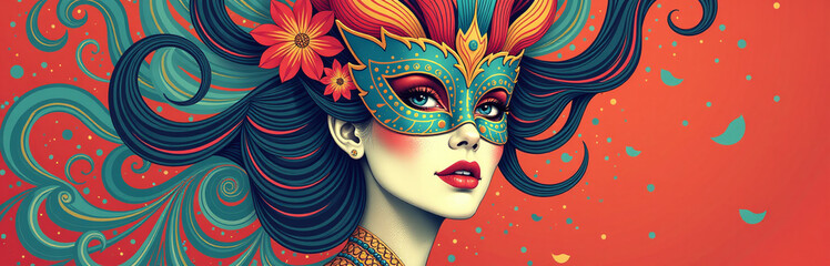 Aufkleber - A Stunning Beauty Wears A Colorful Carnival Mask Amidst An Intricate, Swirling Abstract Design On The Vibrant Background. 00001