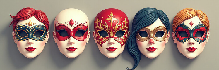 Poster - A Set Of Realistic Face Masks For A Masquerade Carnival Theme Adds An Exciting Touch To Any Costume Party Decoration. 00002