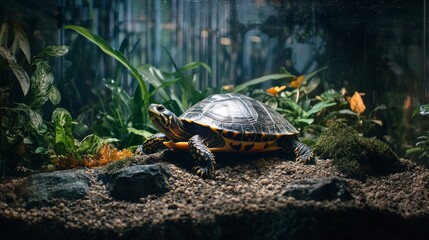 Domestic turtle pet in terrarium composition background