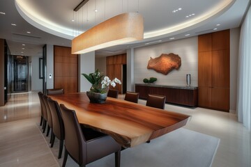 Contemporary dining area featuring a wooden table in warm brown tones, chocolate-toned chairs, and soft creamy lighting.