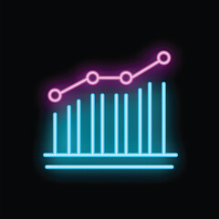 Poster - Neon style icon of a growing bars chart with a line graph showing positive results