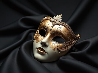 Poster - A Golden Venetian Mask Rests Elegantly On A Dark Silk Backdrop, Its Intricate Details Softly Illuminated In The Dim Light Surrounding It. 00002