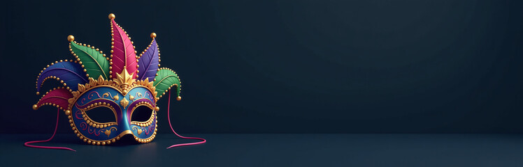 Poster - A Colorful Mardi Gras Carnival Mask Sits Alone On A Dark Background With Plenty Of Space For Text And Design Elements. 00002