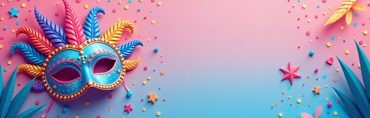 Poster - A Colorful Festival Atmosphere Is Created With A Vibrant Pink And Blue Background Featuring A Festive Carnival Mask. 00002