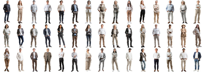 many business people set isolated background, casual formal attire wear, full body length, networkin