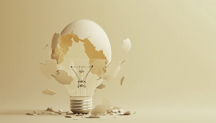 Poster - Artistic Interpretation Of Egg-Shaped Light Bulb With Cracked Shell Set On Beige Background. Unique And Inventive Design Concept. Aesthetically Pleasing.