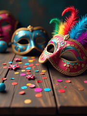 Poster - A Colorful Array Of Carnival Masks And Festive Decorations Spills Out Across A Rustic Wooden Tabletop In Sharp Focus. 00001