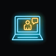 Poster - Neon sign of a laptop showing a video call with a person and a speech bubble, representing online communication