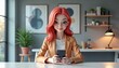 © Annetka - Animated woman with red hair using smartphone in modern office.