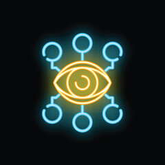 Poster - Neon glowing icon of an eye connected to circles representing artificial intelligence watching everything