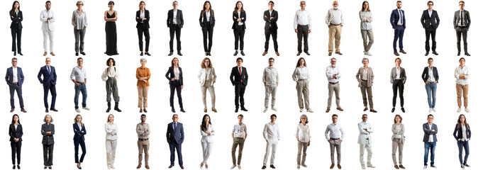 many business people set isolated background, casual formal attire wear, full body length, networkin