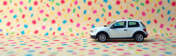 Poster - A Car Key Is Placed Against A Vibrant Colorful Confetti Background In This Fun And Playful Still Life Image Composition. 00001
