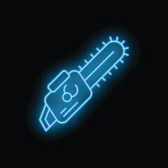 Poster - Glowing blue neon chainsaw illuminating a dark background, representing a lumberjack tool and evoking concepts of cutting and danger