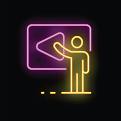 Poster - Businessman is pointing at a left arrow in this neon style illustration