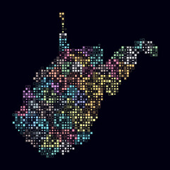 Poster - West Virginia, shape of the state built of colored cells. Digital style map of West Virginia on dark background. Small size square blocks. Plain vector illustration.