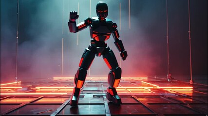 A glowing alien robot in an epic dance battle, showcasing energetic moves, with vibrant neon lights reflecting off a polished metal surface, giving off an ultra-modern, cyberpunk feel