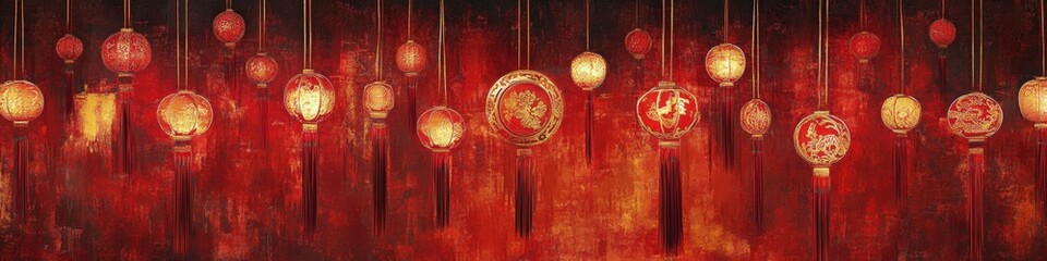 Canvas Print - vibrant festival lanterns glowing against a rich red background for celebrations and cultural events