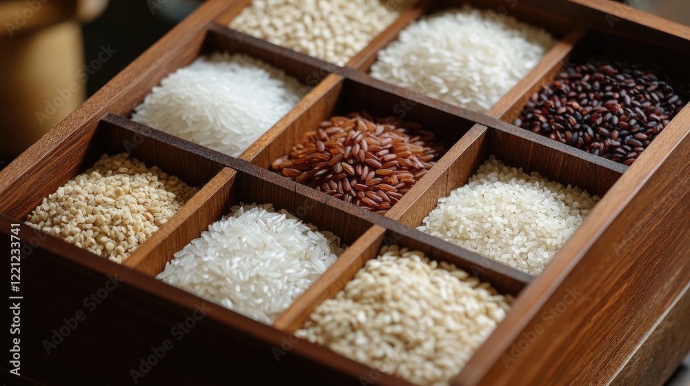 Canoa Rice Compact wooden packaging showcasing assorted rice varieties in ...