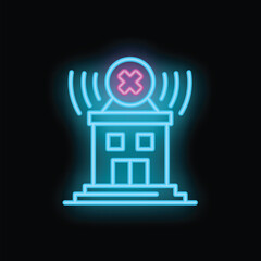 Poster - Neon style icon depicting a building with no wireless network signal, ideal for concepts such as internet connection problem and lack of wifi