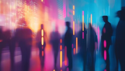 Aufkleber - Abstract representation of diverse silhouettes of people in front of a colorful digital backdrop with vibrant light patterns, showcasing modern technology and innovation in urban settings.