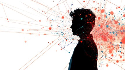Aufkleber - Abstract Representation of a Silhouette of a Person with Colorful Data Points and Lines, Symbolizing Ideas, Creativity, and Information Flow in a Modern Digital World