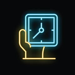 Poster - Neon icon of a hand holding a clock, symbolizing time management