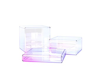 Poster - 3d glass cube transparent clear stand podium display for product presentation png render. Crystal square box pedestal, block platform with dispersion light, holographic gradient. 3D illustration