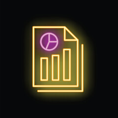 Poster - Glowing neon line icon of a document page with charts and diagrams, representing business analytics and data analysis