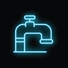 Poster - Bright blue neon sign of a pipeline valve glowing on a black background