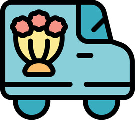 Sticker - Light blue delivery van transporting a bouquet of pink flowers, symbolizing express flower delivery service