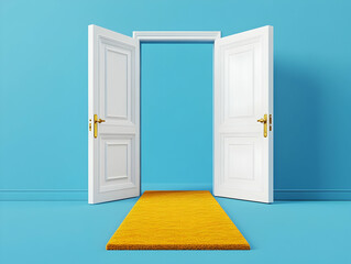 Poster - 3D illustration of an open door with a yellow carpet leading to it on a blue background