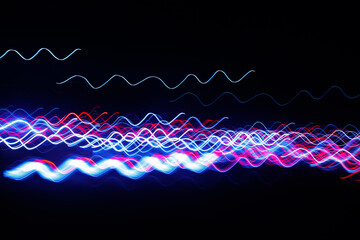 Wall Mural - Abstract blurred colorful light effect on a black background. Long exposure photo of moving camera.