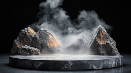 Poster - Mysterious rocky landscape emerges from swirling mist in a captivating display of nature's raw beauty and artistic expression