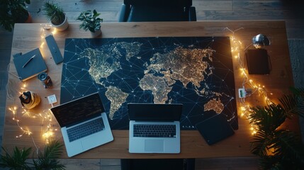 Poster - Innovative remote work setup home office digital workspace cozy environment aerial view abstract representation of connectivity