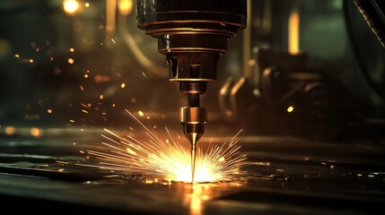 Poster - Precision laser cutting process illuminating a workshop with vibrant sparks during a late evening