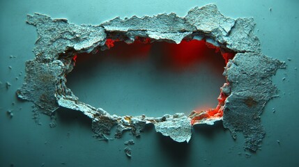 Poster - Intriguing texture of crumbling wall revealing a mysterious glow behind the surface in a dimly lit urban setting at dusk