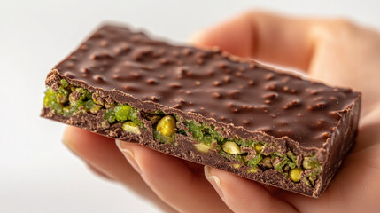 Delicious chocolate bar with pistachio and bright green layers held in hand against a light background