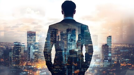 Poster - Businessman Overlooking Dynamic Cityscape with Modern Skyscrapers at Dusk, Representing Ambition, Growth, and Urban Lifestyle in a Contemporary Environment