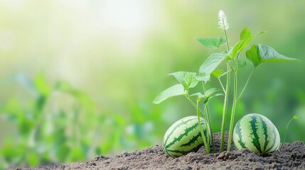 Watermelons growing in field nature plants blurred background