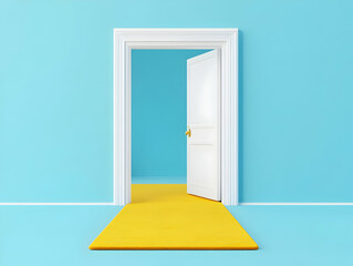 Poster - 3D illustration of an open door with a yellow carpet leading to it on a blue background,