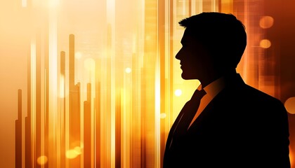 Poster - Professional Silhouette of Businessman Against a Vibrant Background Featuring Shades of Orange and Yellow with Abstract Graphical Elements Symbolizing Growth and Success