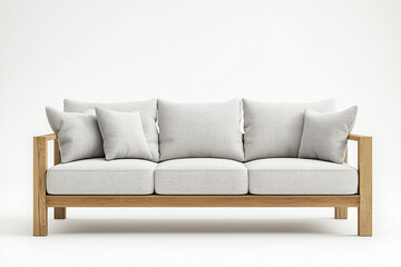 Wall Mural - Modern wooden sofa with light gray cushions on a white background, front view.
