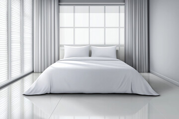 Poster - Modern minimalistic bedroom with white bedding and natural light during daytime