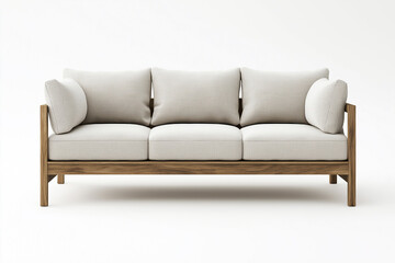 Wall Mural - Modern wooden sofa with light gray cushions on a white background, front view.
