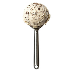Aufkleber - A single scoop of chocolate chip ice cream rests on a metal spoon against a black background.