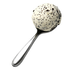 Aufkleber - A single scoop of cookies and cream ice cream rests on a silver spoon against a black background.